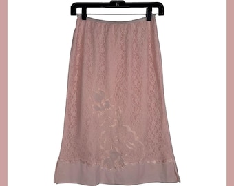 Vintage Pink Lace Half Slip Embroidered Floral Lingerie Midi Skirt XS/S