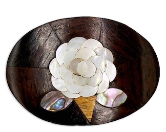 Vintage Wood Mother of Pearl Inlay Floral Belt Buckle Brass Boho 2"