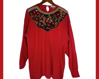 Vintage Red Sweater L Gold Beaded Sequin Roses Knit Holiday 80s Glam Pullover