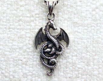 Sterling Silver Dragon Pendant Necklace 925 Gothic Fantasy 18"