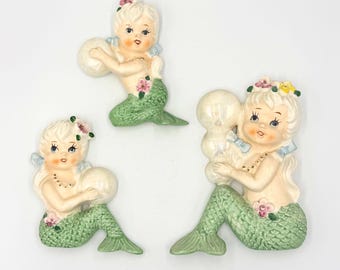 Vintage Mermaid Wall Plaque Set Chalkware Ceramic Pearls Retro Decor Rare