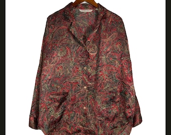 Vintage Victoria’s Secret Paisley Button Front Pajama Top Blouse Red Green L 90s