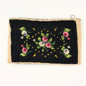 Vintage Handmade Black Floral Needlepoint Zip Pouch Wool Petite Clutch