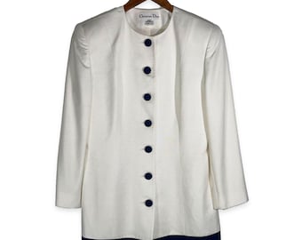 Vintage Christian Dior Blazer Cream Navy Button Minimalist 90s Jacket Size 10