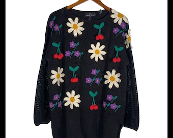 Vintage Black Crochet Sweater Floral Cherry Daisy 3D Carole Little Women’s M
