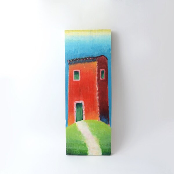 Red house on wooden panel / Original painting / 22 INCHES high painting on wood/Fine art painting