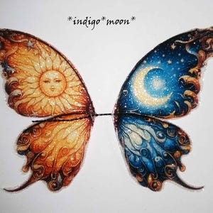 May include: A pair of butterfly wings with a sun and moon design. The sun wing is yellow and orange with a face, and the moon wing is blue and purple with a crescent moon.