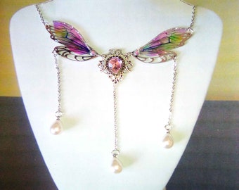 OOAK Handmade Fairy Wing Necklace Pendant with 20 inch silver tone Chain Transparent Wings