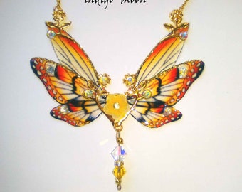 OOAK Handmade Fairy Wing Necklace Pendant with 18 inch gold plated Chain Transparent Wings