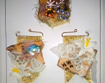 OOAK Altered Paper Clips for Junk Journals, Gift, Vintage Style Mixed Media 3 Piece set