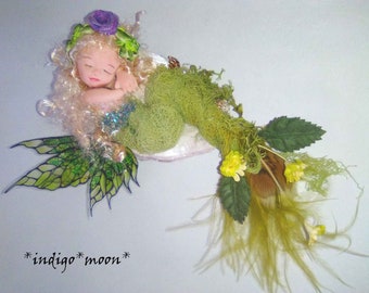 OOAK polymer clay miniature sleeping Fairy Cocoon on natural shell