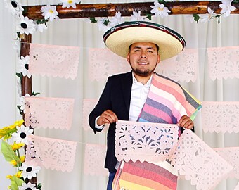 Peach Papel picado banner, Fiesta Party Decorations, Mexico decor, Pastel Paper Garland for Mexican wedding, Mothers Day, Birthdays 12ft ea