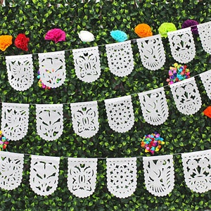 MINI WHITE BANNER, Fiesta Paper decoration, Cinco de Mayo Mexican themed Party Garlands, Papel Picado Mini Wedding decorations