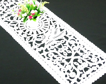 White synthetic table runner, 18x72 Inches, Fiesta decorations, Cinco de Mayo Decoration, Mexico wedding, Mexican Fabric decor FTR7