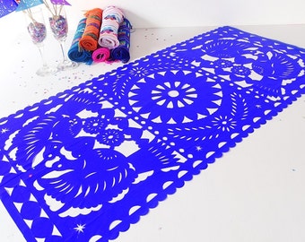 Mexican Paper Table Runner, 5 Table runners, 19x40 Inches, Blue Papel Picado, Fiesta decoration, Fiesta Party, Mexican Style Cinco De Mayo