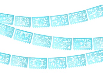 Aqua Papel picado Garland, Quinceañera, Birthday, Pastel Blue banner, Fiesta decorations, Paper picado bunting, Mexico party decor 5 pack