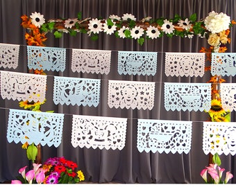 Baby Shower Papel Picado, 5 Banners, 12 Feet Each Banner, Fiesta decorations, White and Blue Papel picado garlands, Party supplies, WS95B