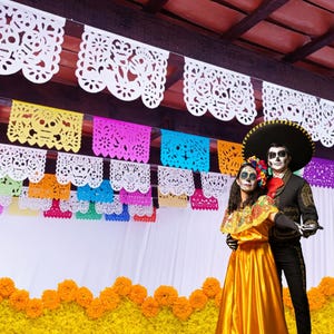 Day of the Dead Papel Picado, 6 pack, 72 Feet Long, Fiesta Decoration, Mexican Fiesta, 3 White Banners and 3 Colorful Banners.