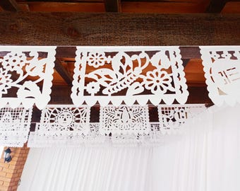 White Papel Picado Banner: 12 ft Mexican Fiesta Wedding Decor