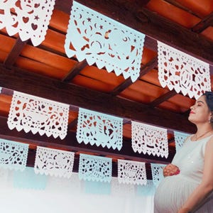 Baby Shower Papel Picado, 5 Banners, 12 Feet Each Banner, Fiesta decorations, White and Blue Papel picado garlands, Party supplies, WS95B