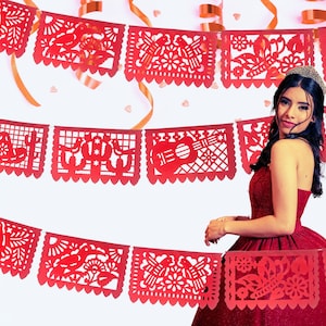 Mexican Red Papel picado  banner, 12 Feet Long, Fiesta decoration garlands, Paper picado hanging decor, Mexico themed Party, Cinco de Mayo.