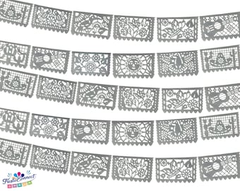 Gray Papel Picado Banner: Mexican Wedding Fiesta Decor, 5 Pack