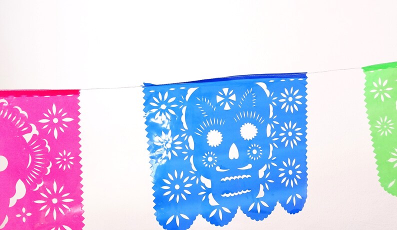 May include: A colorful paper banner with three flags. The middle flag is blue with a white skull and crossbones design. The flag on the left is pink and the flag on the right is green.