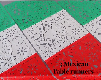 Mexico Independence Day Fiesta Decor, Papel Picado Mexican Red, green and white Papel picado table runners el Dia de la Independencia 3 Pack