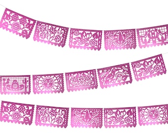 Pink Metalic Papel Picado, 2 Banners, 12 Feet Long Each Banner, Mexican theme party supplies, Fiesta decoration, Mexican Garland.