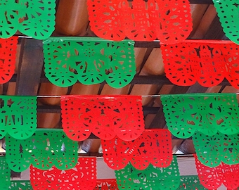 Mexican Christmas Papel Picado Banners: Red and Green Plastic, 3 Pack, 36 ft Total