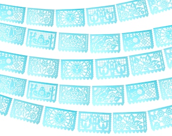 5pk Blue Mexican banners, Aqua Papel picado Quinceanera Mexican party theme, First fiesta birthday, Cinco de Mayo paper banners WS900