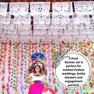 Wedding backdrop banner, 5 PK, Cinco de Mayo hanging decor, Papel picado Plastic Wedding Banner, Engagement banner, Fiesta decoration B41 image 5