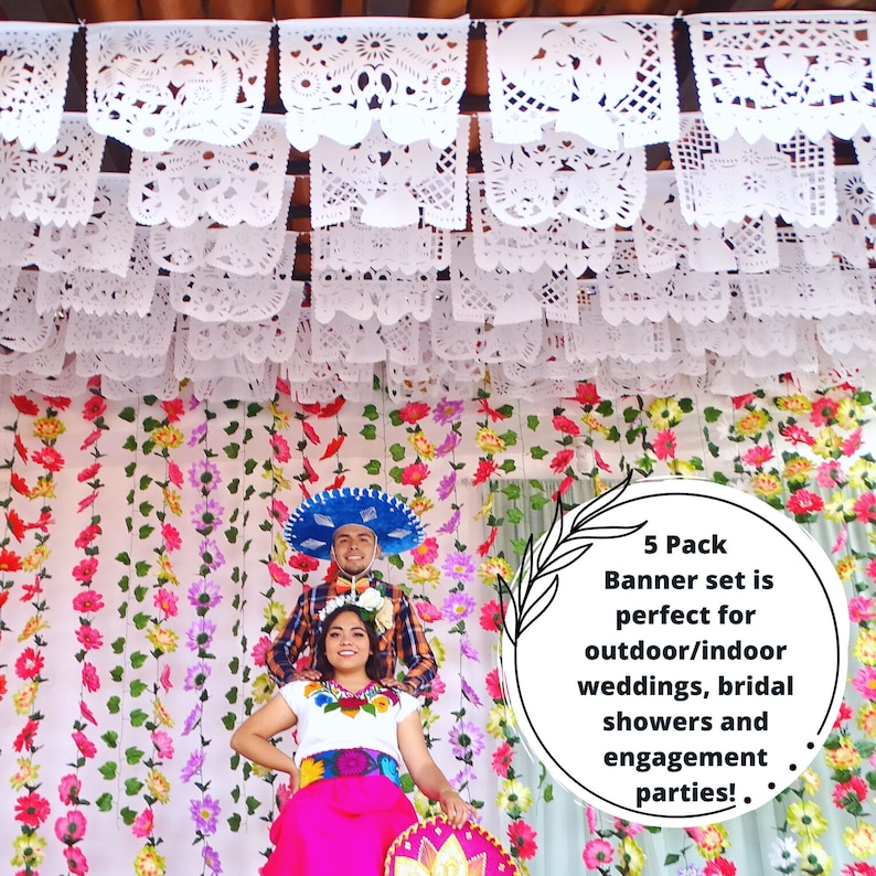 Wedding backdrop banner, 5 PK, Cinco de Mayo hanging decor, Papel picado Plastic Wedding Banner, Engagement banner, Fiesta decoration B41 image 5