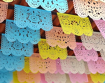 Pastel Papel Picado, Pastel Fiesta Decorations, Rainbow Boho Birthday, Baby shower, Bridal Mexican tissue papel picado hanging decorations