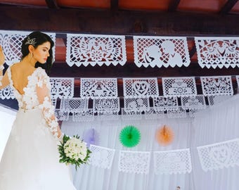 White Papel Picado Banners: Mexican Wedding Decorations, Hearts Design (5pack/60 feet)