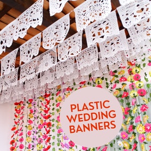 Wedding backdrop banner, 5 PK, Cinco de Mayo hanging decor, Papel picado Plastic Wedding Banner, Engagement banner, Fiesta decoration B41 image 7