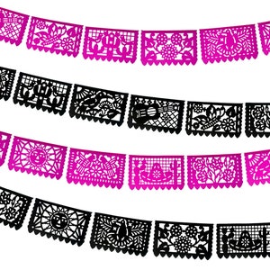 Mexican Fiesta Party Decorations, 4 Pk Papel Picado Banners, Cinco de mayo decor, Black Papel Picado, Pink garland, Mexicano para fiesta