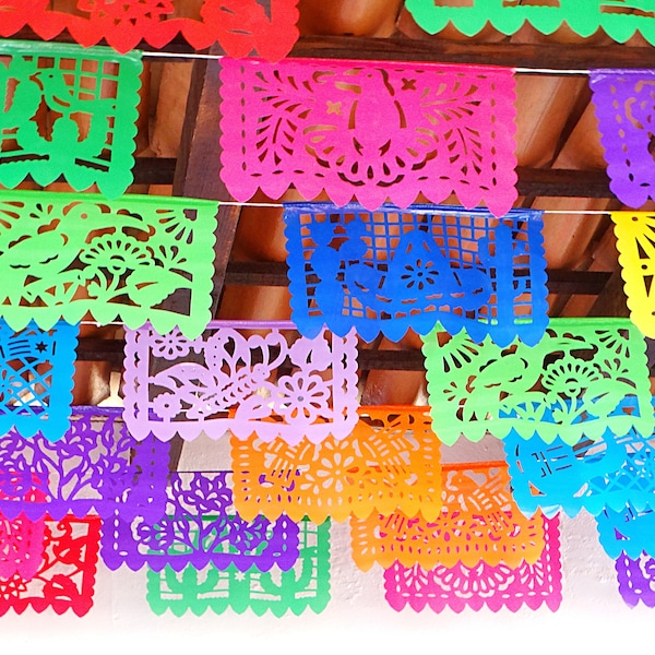 Plastic Papel Picado Banners, Cinco de Mayo, Mexican theme party supplies, Indoor outdoor Fiesta decorations, Papel picado flags 5pk|Medium