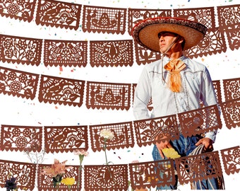 Brown Papel Picado, Cinco de Mayo, Fiesta decoration, 5 Pack,