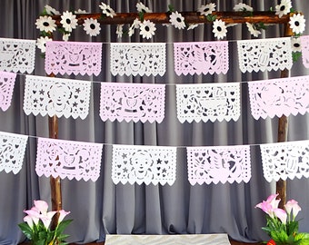 Baby Shower Papel Picado, 5 Banners, 12 Feet Each Banner, Fiesta decorations, White and Pink Papel picado garlands, Party supplies, WS95B