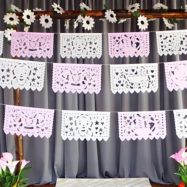 Baby Shower Papel Picado, 5 Banners, 12 Feet Each Banner, Fiesta decorations, White and Pink Papel picado garlands, Party supplies, WS95B