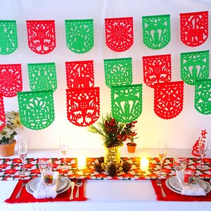 Navidad Papel Picado, 5 PK, Red and Green Papel picado banners, Small Mexican Christmas banners, 35 ft, Mexico Fiesta decoration