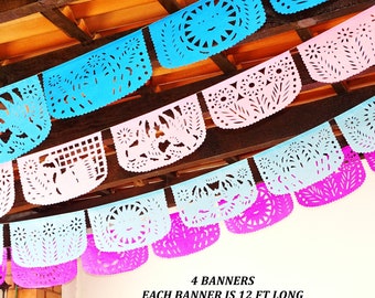 Authentic Mexican Papel picado, 4 PK, Fiesta decoration, quinceañera banners, Cinco de mayo decor, Mexico themed party supplies, WSMIX5