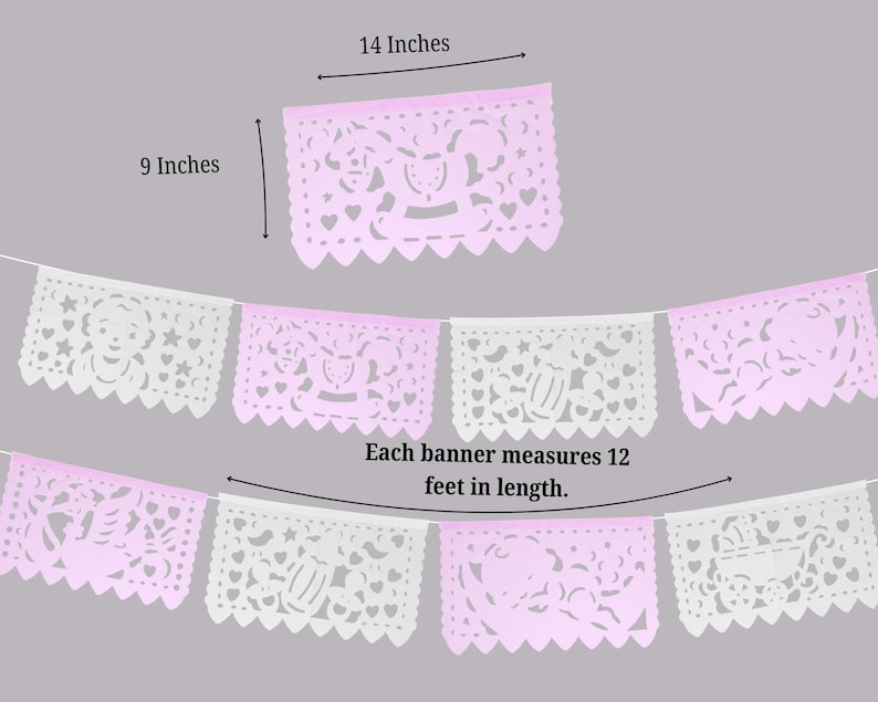 May include: A pink and white paper banner with a baby carriage design. Each banner measures 12 feet in length. The banner is 14 inches wide and 9 inches tall.