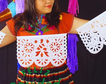 White Papel Picado Banners: Mexican Christmas Fiesta Decor (5 PK)