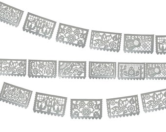 Silver Metalic Papel Picado, 2 Banners, 24 Feet Long each banner, Mexican theme party supplies, Fiesta decoration, Wedding papel picado.