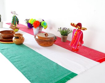 Mexico Independence Day Decorations, Mexican fabric Table cloth 30X72 Inches, Mexican Table Runner in tri-color - red, green and white.