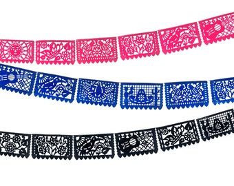 Hot Pink, Black, Blue Plastic Picado Banners, 3 pack, Mexican theme party supplies, Birthday Banner, Fiesta decoration, Papel picado Banner,