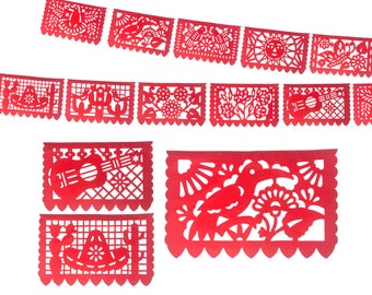 Mexican Papel picado RED banner, Fiesta decoration garlands, Paper picado hanging decor, Mexico themed Party, Fiesta Paper Banner, SB7