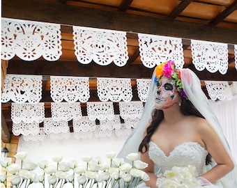 Day of the Dead White Papel Picado Banners, Fiesta Decoration (5 Pack)